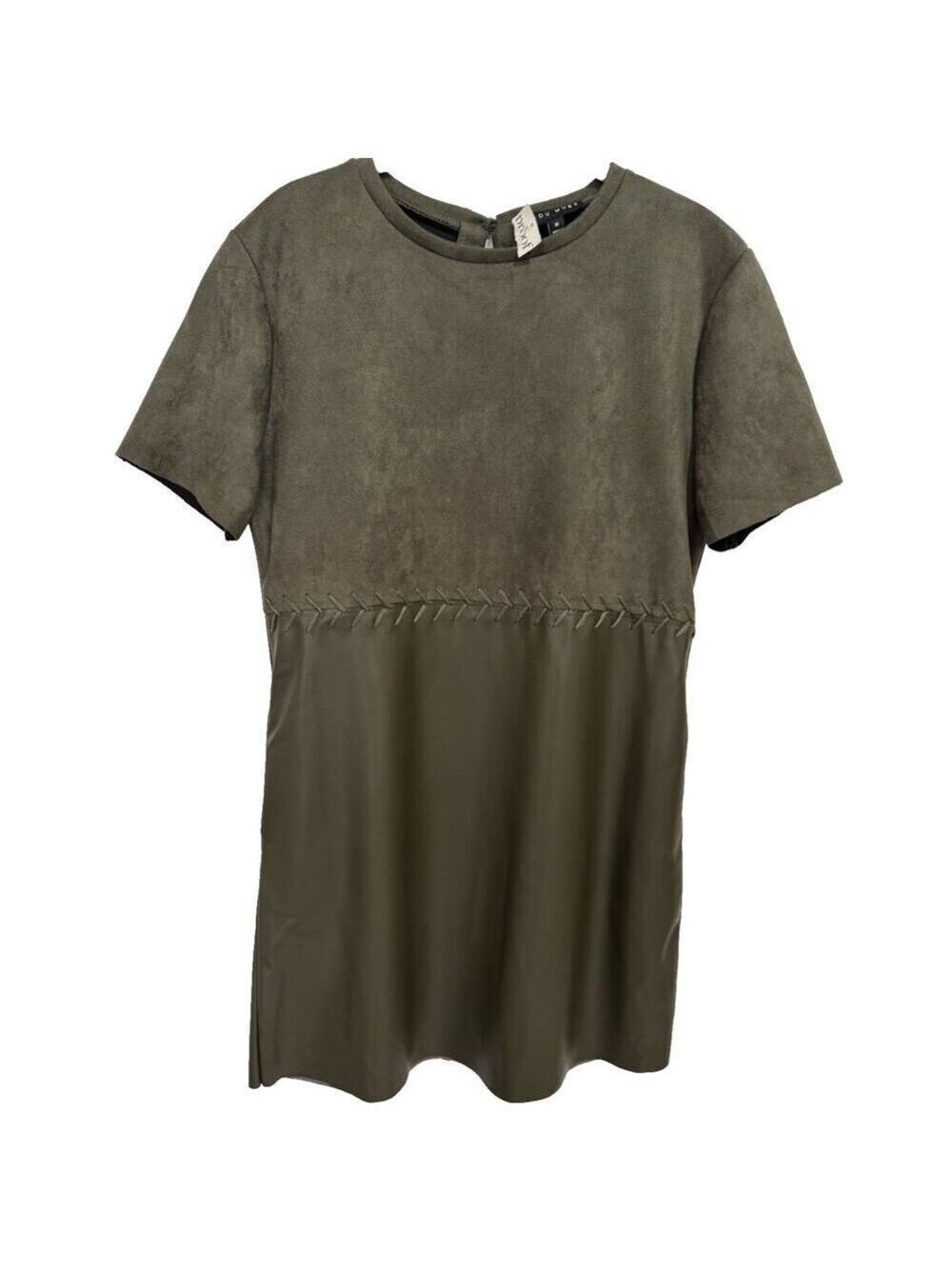 Miou Muse Olive Green Empire Waist Shift Dress Faux Suede/Leather Pockets Sz M